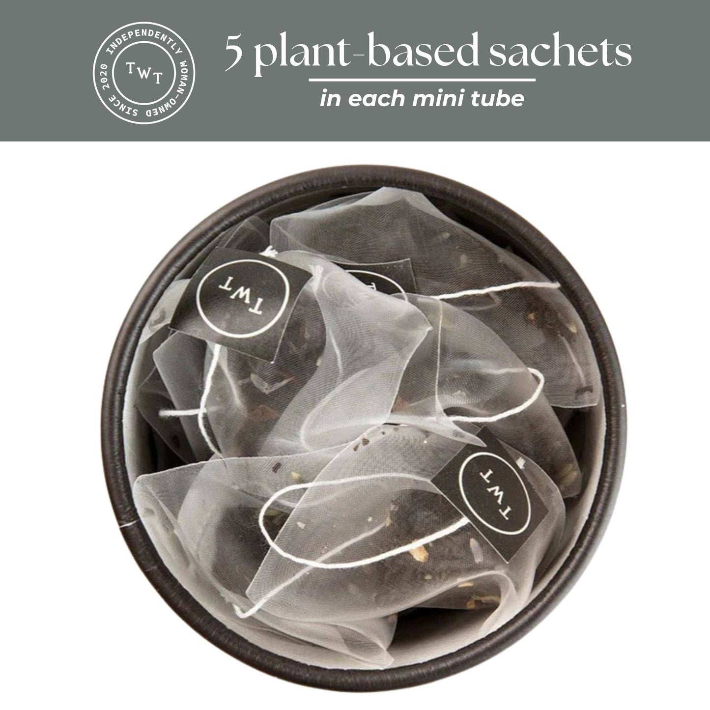 Container with plant-based sachets labeled TWT, with text indicating 5 sachets per mini tube.