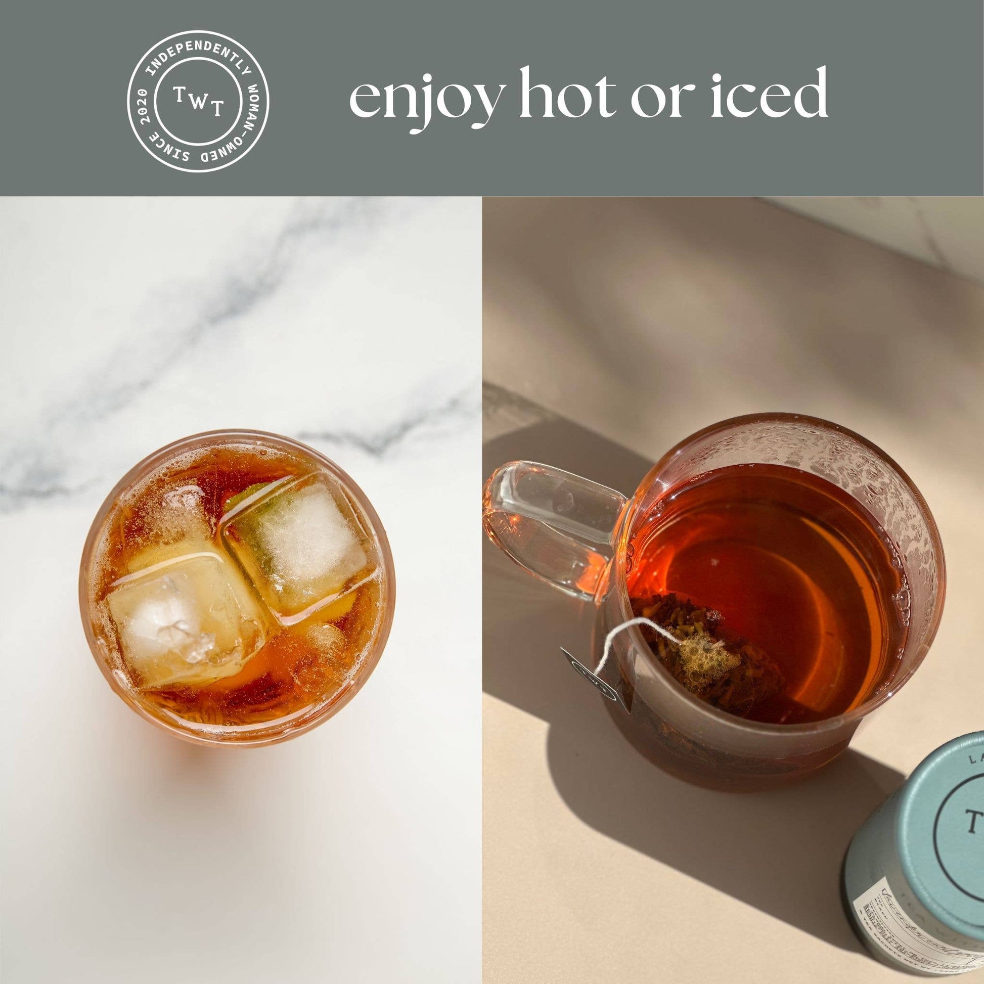 Two images of tea: one with ice cubes and the other with a tea bag, on a light background.