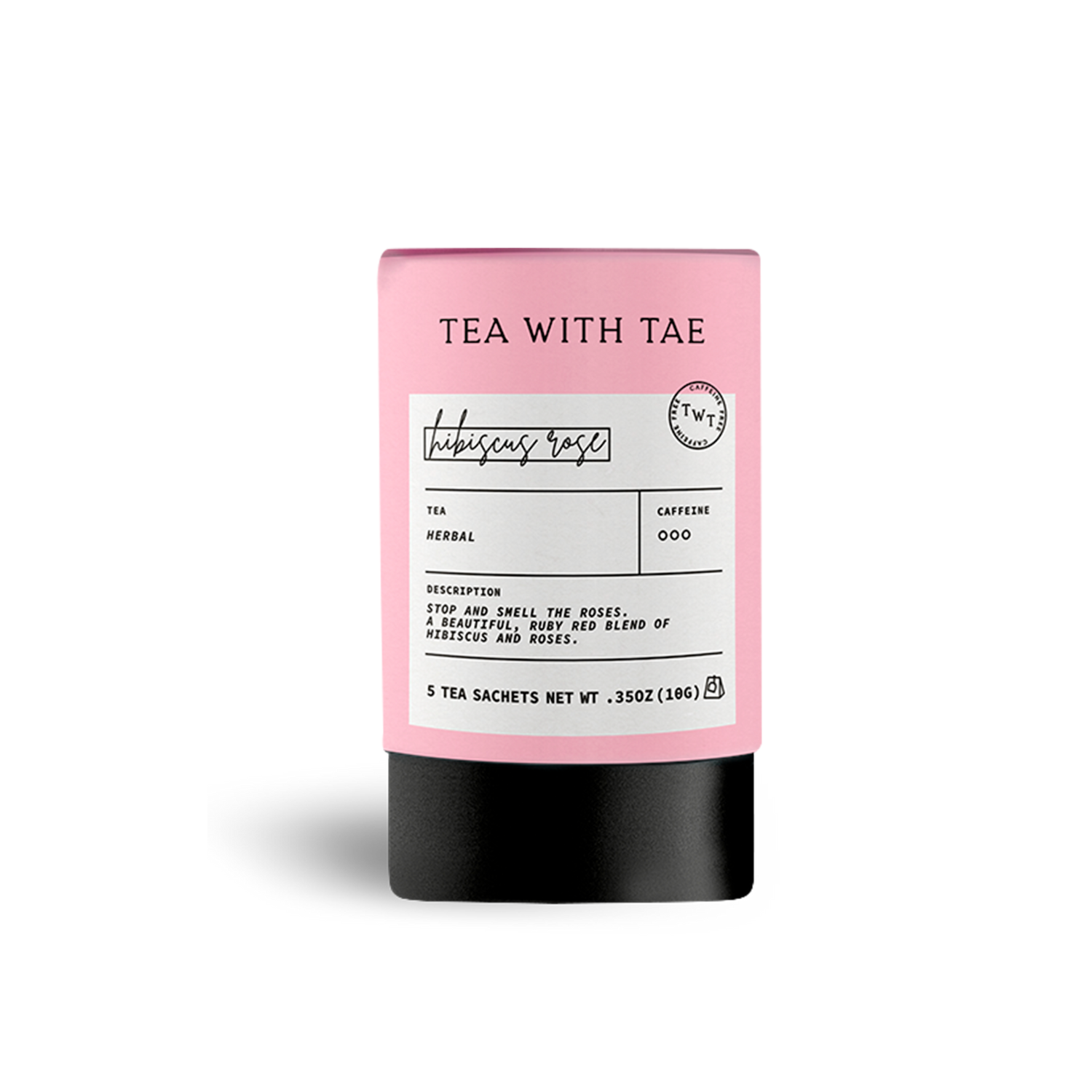 Pink packaging of 'Tea with Tae' with a label on a white background
