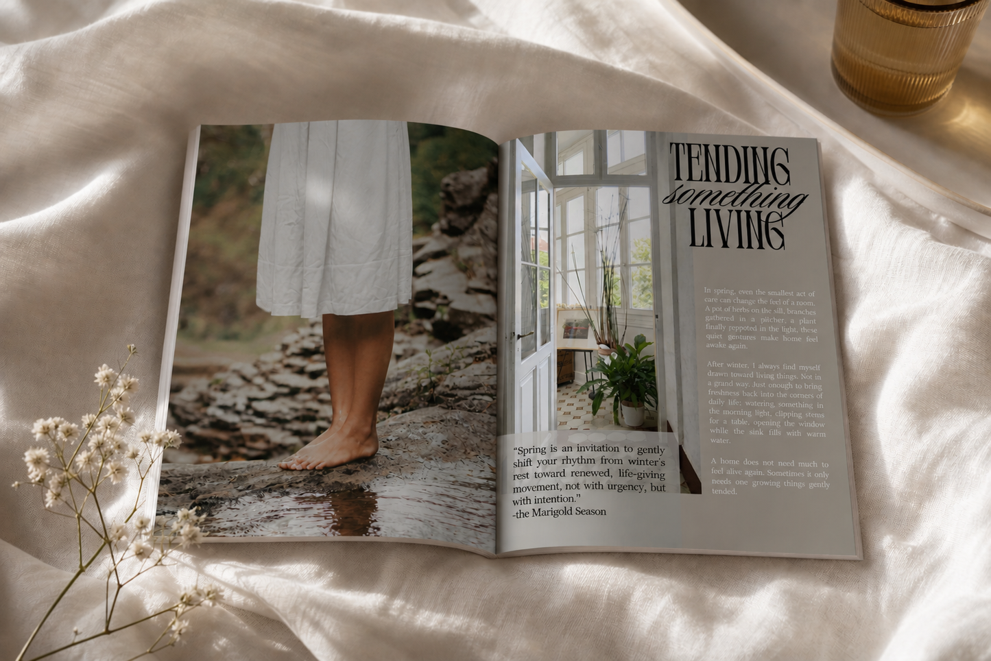 Slow living magazine laying open on a bed