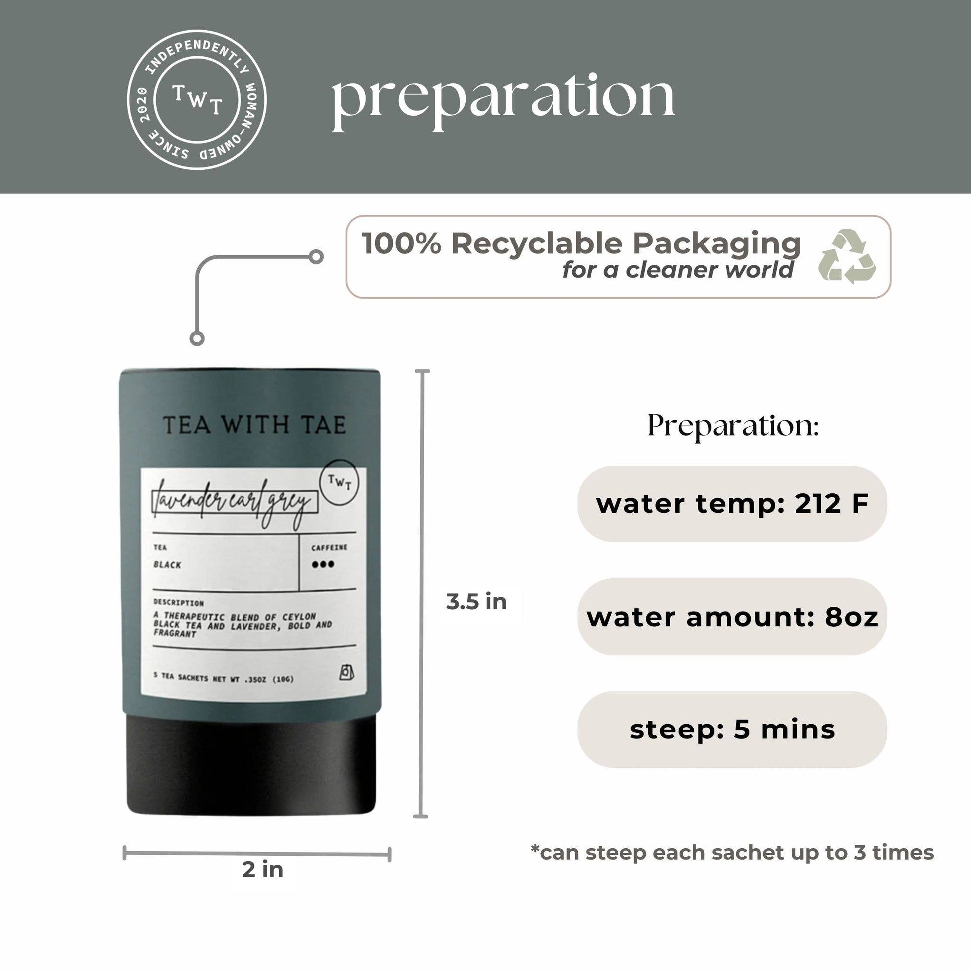 Tea packaging with preparation instructions and 100% recyclable packaging label.
