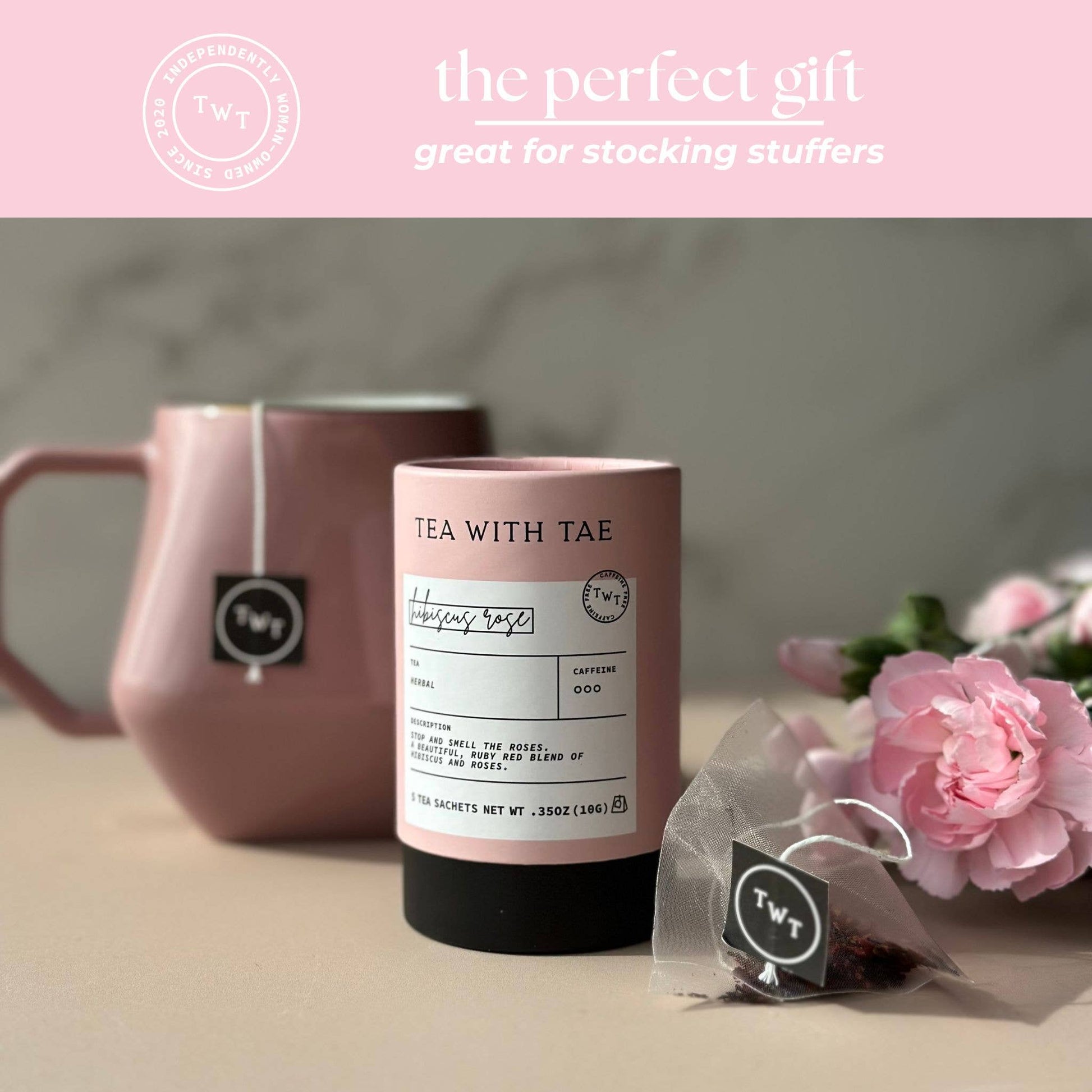 Tea packaging with a pink mug and flowers on a neutral background, featuring 'Tea with Tae' branding.